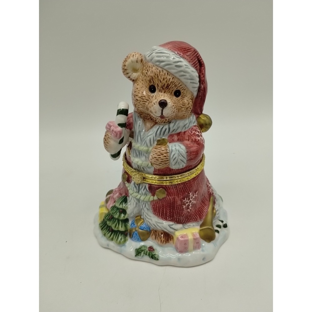 Teddy Bear Santa Trinket Box Hinged Porcelain Christmas Keepsake
